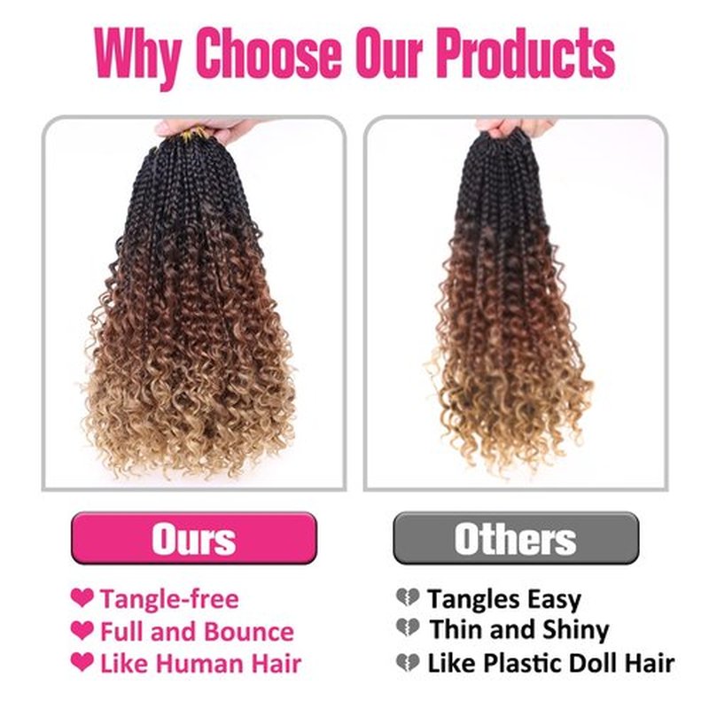 Unionbeauty 8 Packs 14 Inch Boho Box Braids Crochet Hair with Curly Ends Bob Bohemian Hippie Braids Pre-looped Messy Goddess Box Braids Hair Ombre Synthetic Braiding Hair Extension for Black Woman 53#