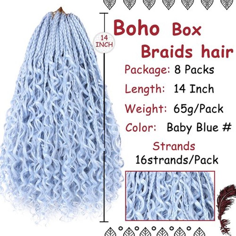 Beverlee 14 Inch Boho Box Braids 8 Packs Goddess Box Braids Crochet Hair Bohemian Hippie Braids Braiding Hair Box Braids with Curly Ends Messy Pre-looped Synthetic Crochet Hair for Women Light Blue#