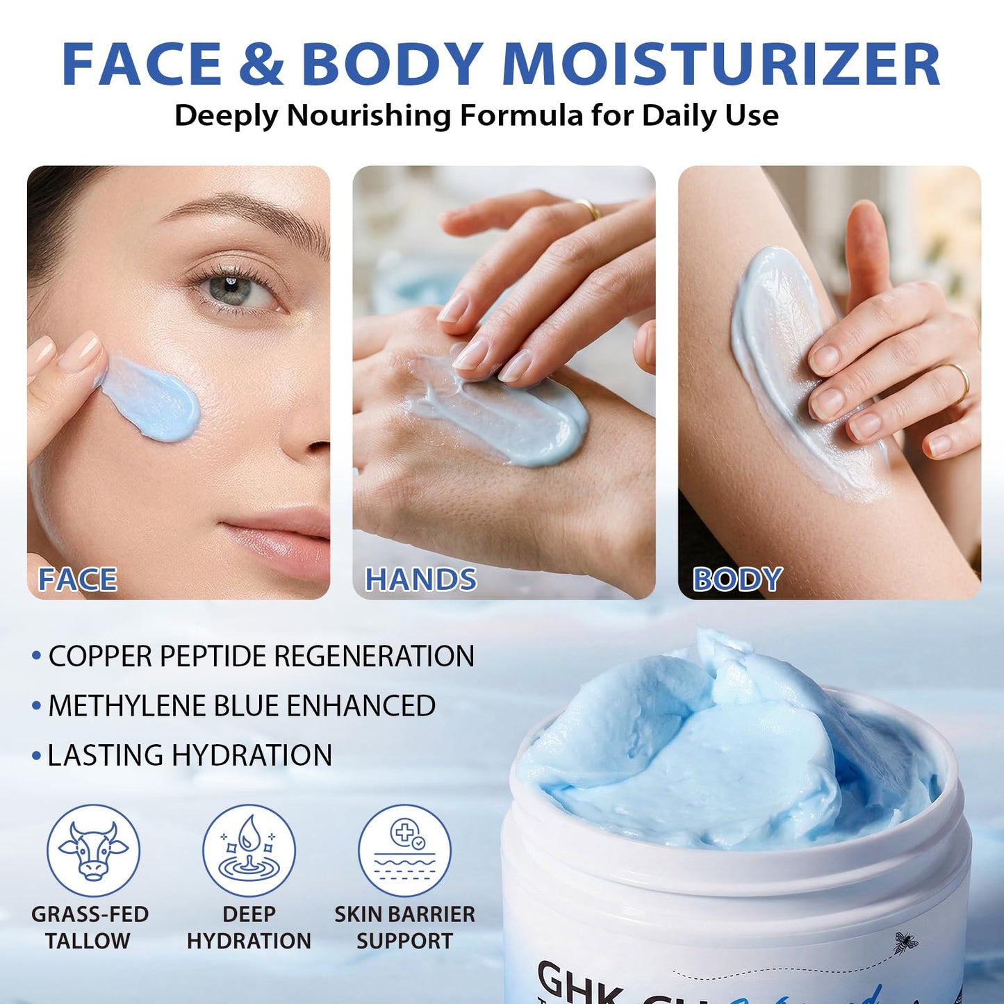 GHK-Cu Peptide Cream for Face, Blue Beef Tallow Moisturizer with Copper Peptides, Methylene Blue, Manuka Honey & Vitamin E – Anti-Aging Firming Repair, Gentle & Safe for Dry Sensitive Mature Skin