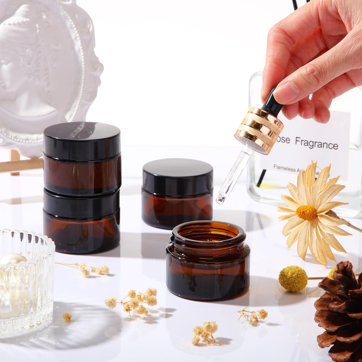 Domensi 60 Pcs 1oz Glass Jars with Lids Bulk Salve Tins Winter Cream Container Small Glass Cosmetic Jars for Travel Lip Balm with Inner Liners for Lotion Sample Cream(Amber, Black Lid)