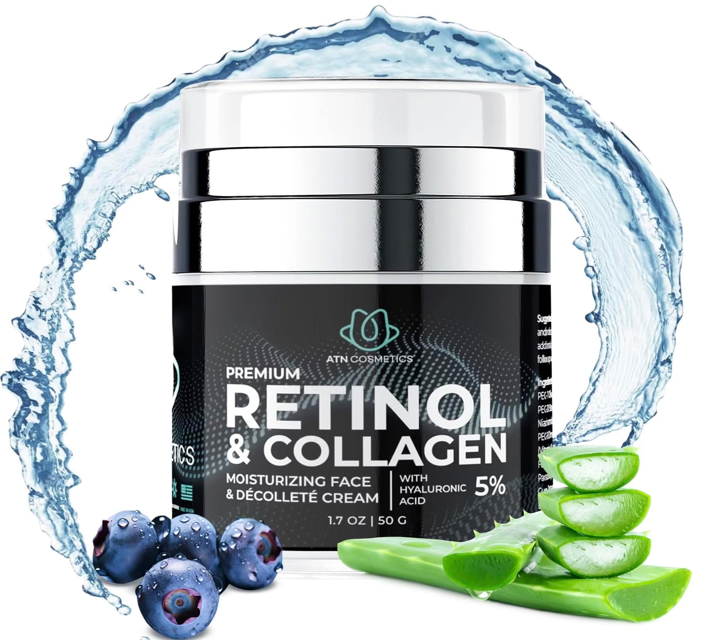 ATN Cosmetics Retinol Cream for Face & Neck, Collagen Moisturizer, Day & Night Cream for Women & Men, Anti Aging, Wrinkle Cream with Hyaluronic Acid, Made in USA