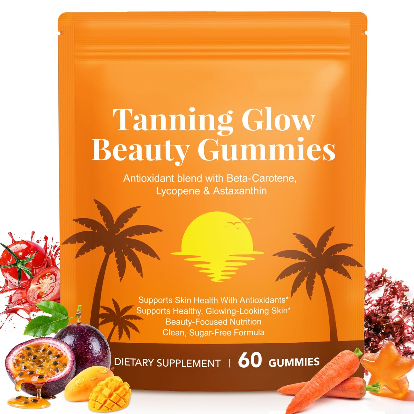 Astaxanthin Tanning Gummies Sun-Free for Women & Men, NO Sugar, With Beta Carotene, Vitamin ACDE Lycopene Enjoy a Tasty, Easy to Carry, No Water Making it Easy Enjoy a Healthy Tan Every Day 60Count