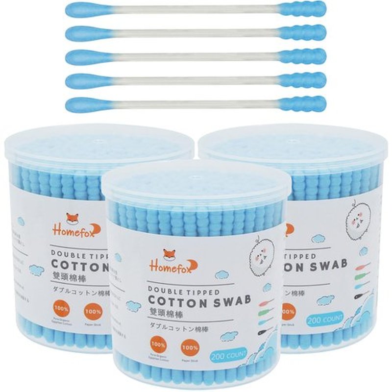 HOMEFOX Blue Cotton Swabs Spiral - 600 Count Organic Cotton Buds Double Side Tightly Wrapped Cotton Tips Paper Stick Soft Gentle Lint-Free Cruelty-Free, Round & Spiral (Blue)