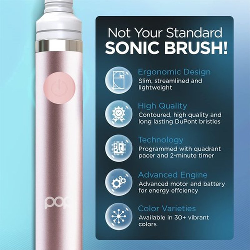 Pop Sonic Electric Toothbrush (Metallic Rose) - Travel Toothbrushes w/AAA Battery | Kids Electric Toothbrushes with 2 Speed & 15,000-30,000 Strokes/Minute, Dupont Nylon Bristles