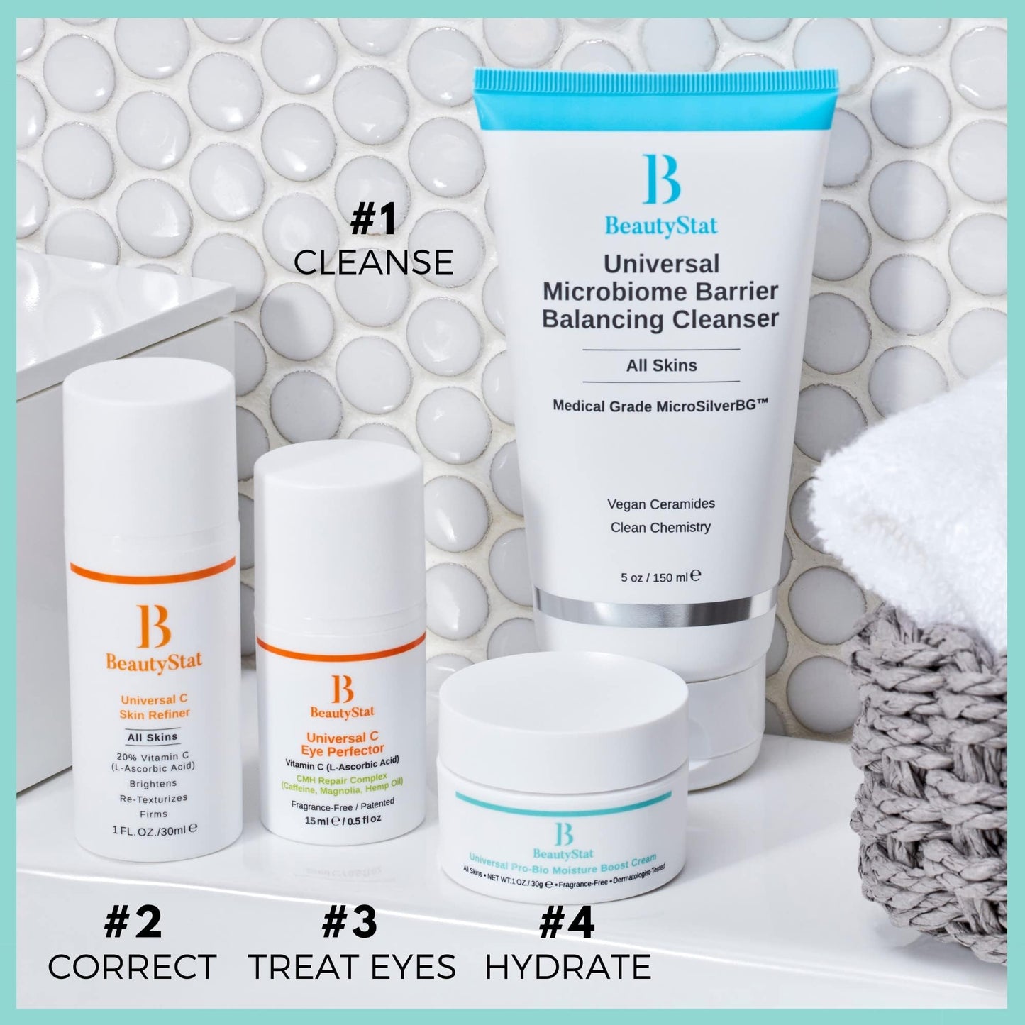 BeautyStat Brighten & Strengthen On The Go Kit - Featuring Universal Microbiome Barrier Balancing Cleanser, Universal C Skin Refiner & Pro-Bio Moisture Boost Cream - 3-Piece Travel Kit