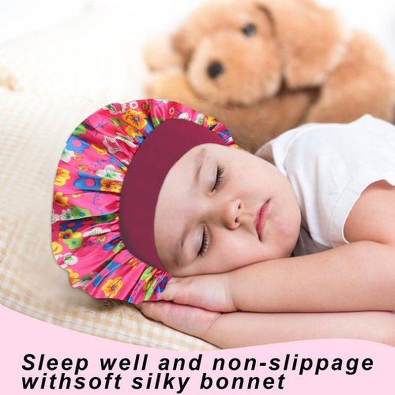 3 Pcs Silk Hair Bonnet for Sleeping - Baby Satin Bonnets for Girls Kids Sleep Cap Hair Wraps for Curly Natural Hair with Elastic Wide Band (Black+Hot Pink+Blue)…
