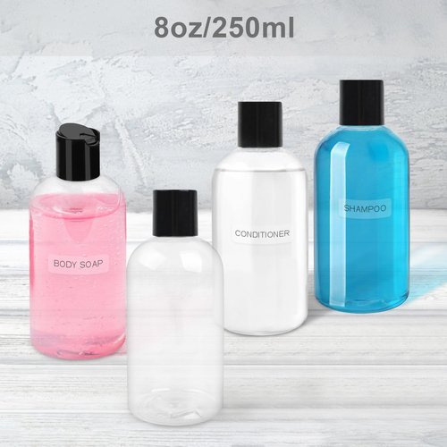 Neendohome 30 Pack 8 oz Empty Plastic Bottles with Black Disc Caps Reusable Clear Leak-proof Travel Squeeze Containers for Shampoo Conditioner Toiletries Liquid Soap