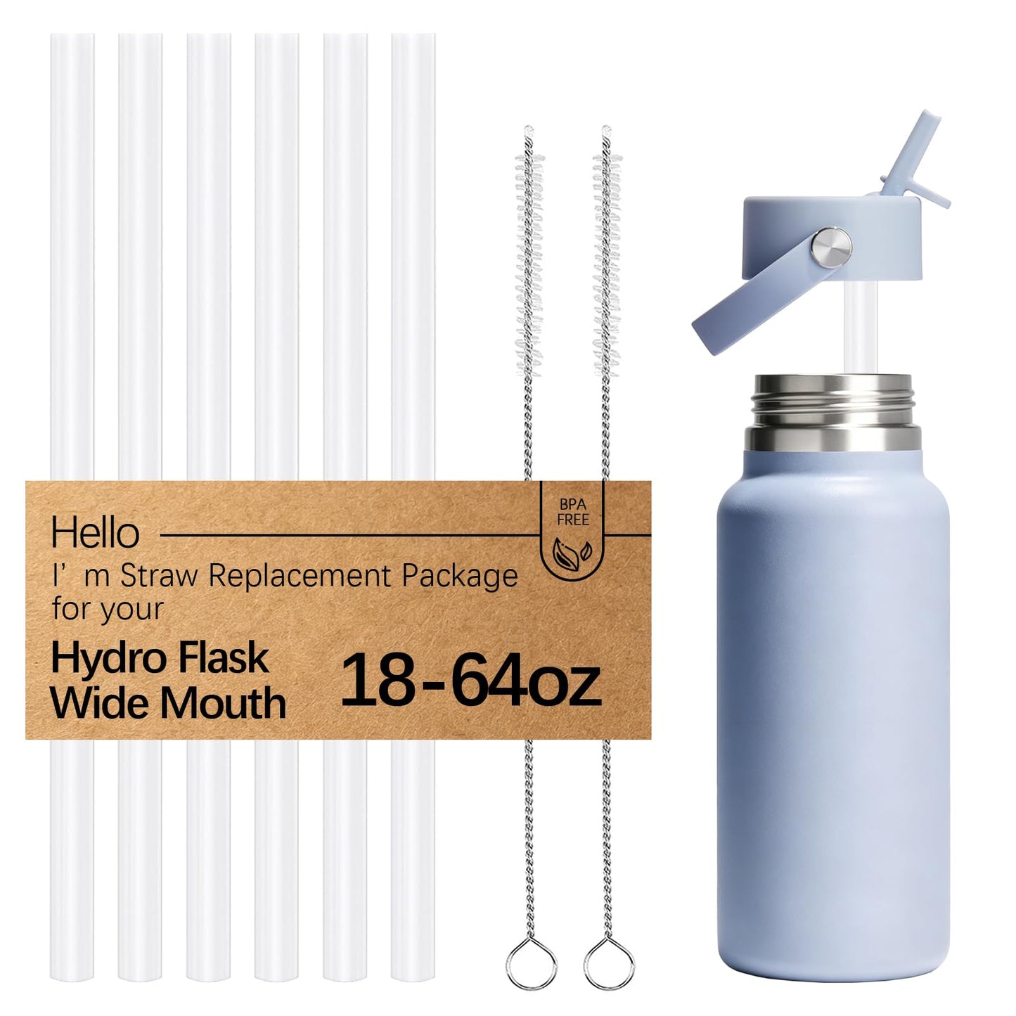 WK ieason 6pcs Replacement Straws Reusable Drinking Starws for Hydro Flask 32OZ, 18OZ and 64OZ, Plastic Straws with 2pc Cleaning Brushes Hydro Flask accessories,Daily Drinking Straws, BPA-free