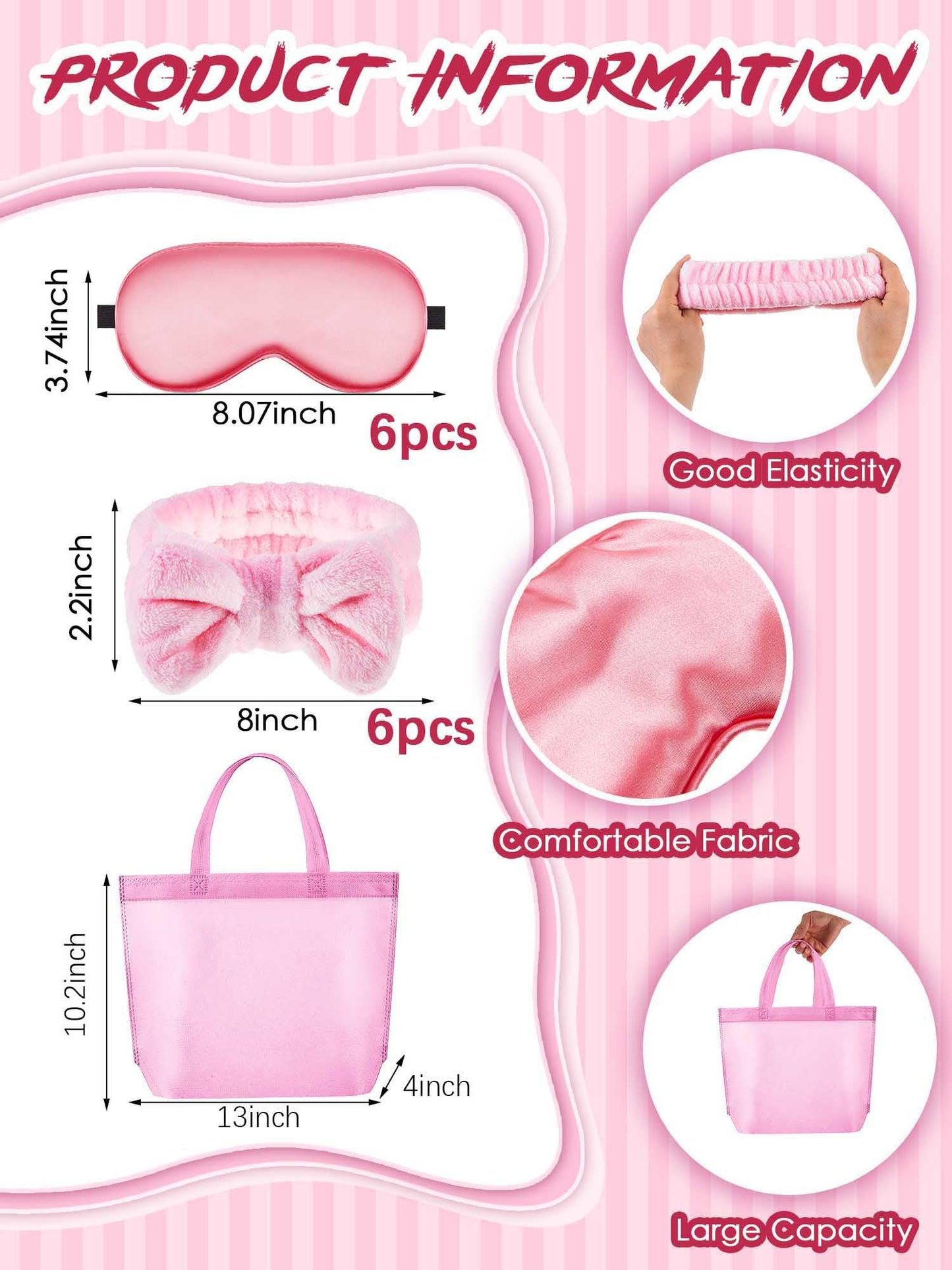 Sintuff 24 Pcs Sleepover Party Supplies for Girls 6 Spa Robes for Girls Slumber Party 6 Tote Bags 6 Headbands 6 Spa Masks(Size 10,Pink)
