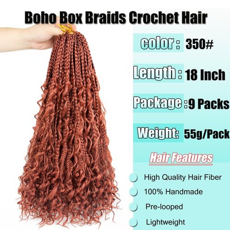 9 Pack Boho Box Braids Crochet Hair - 18 Inch Pre-looped Goddess Box Braids Crochet Hair Bohemian Crochet Boho Crochet Braids With Curly Ends Synthetic Crochet Hair For Women（18 Inch,350#)