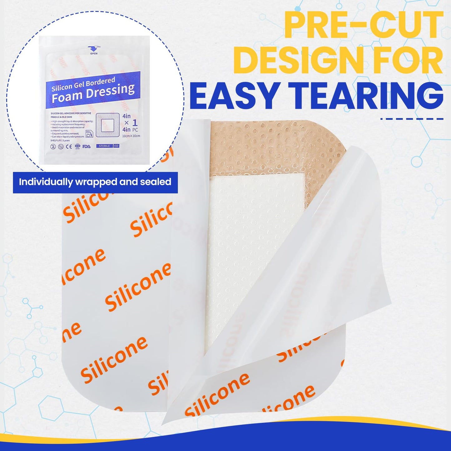 10 Pack Silicone Foam Dressing 4"x4" with Adhesive Border, High Absorbency Silicone Bandages, Waterproof Foam Bandages for Wounds Care, Bed Sore, Diabetic Foot Ulcers