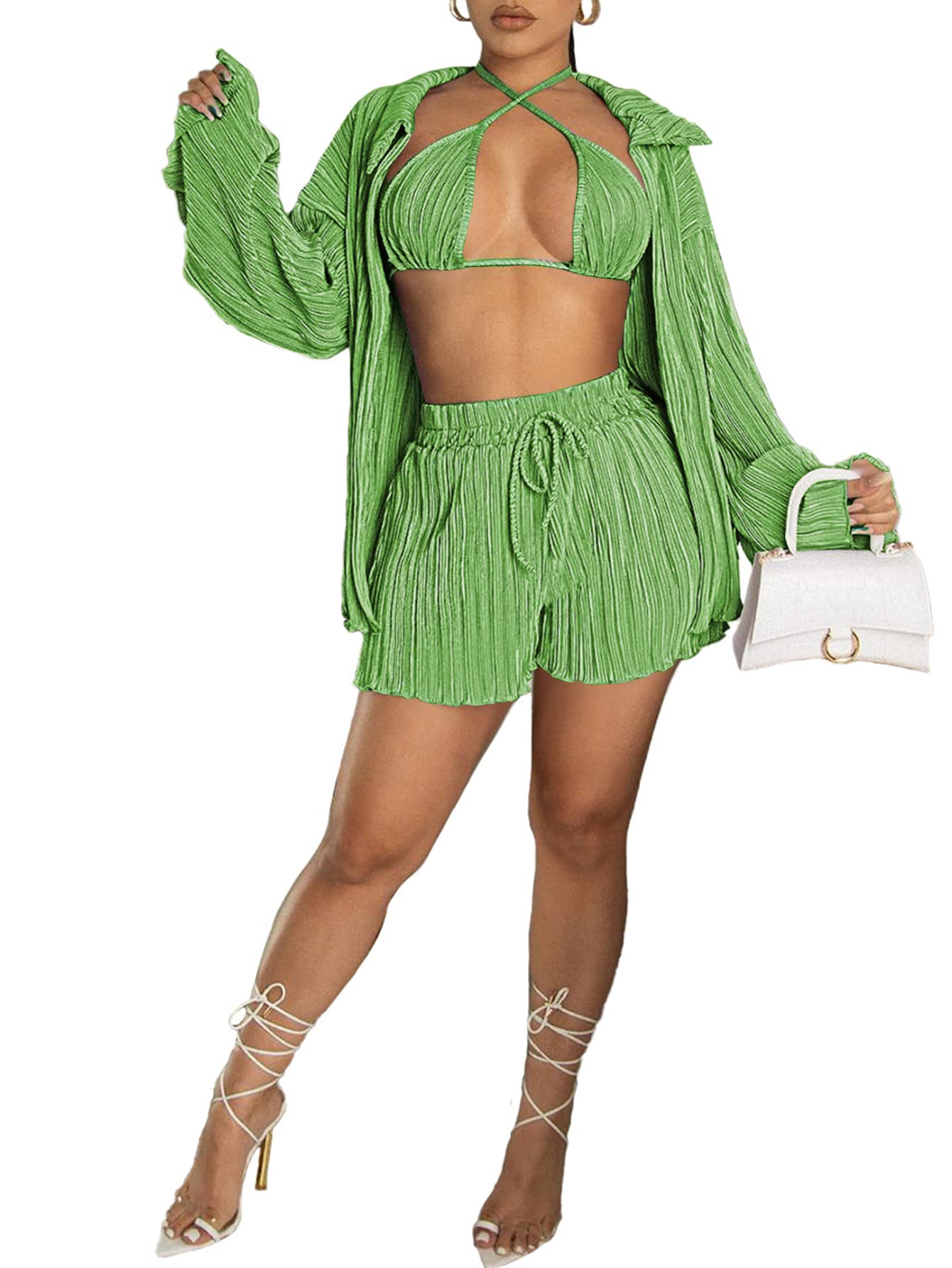 LYANER Women's Sexy Bikini Set Halter Cutout 3 Pieces Swimsuit Bathing Suits Pure Green Medium