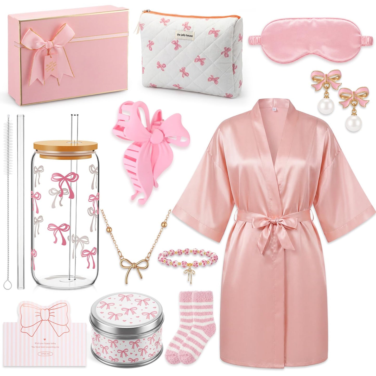 Jiuguva 12 Pcs Pink Bow Birthday Gifts for Women Teen Girls Spa Gift Basket for Graduation, Robe Eye Mask Socks Bracelets Earring Necklace Tumbler Makeup Bag Hair Clip Scented Candle with Box and Card