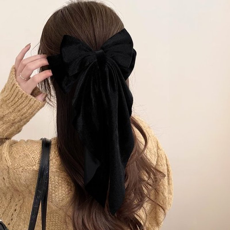 2pc Large Hair Bows for Women Girls Thick Hair,Black Velvet Ribbon Hair Bow Clips with Long Tail French Barrette Hair Clamps Wedding Ponytail Holder Decor Accessories