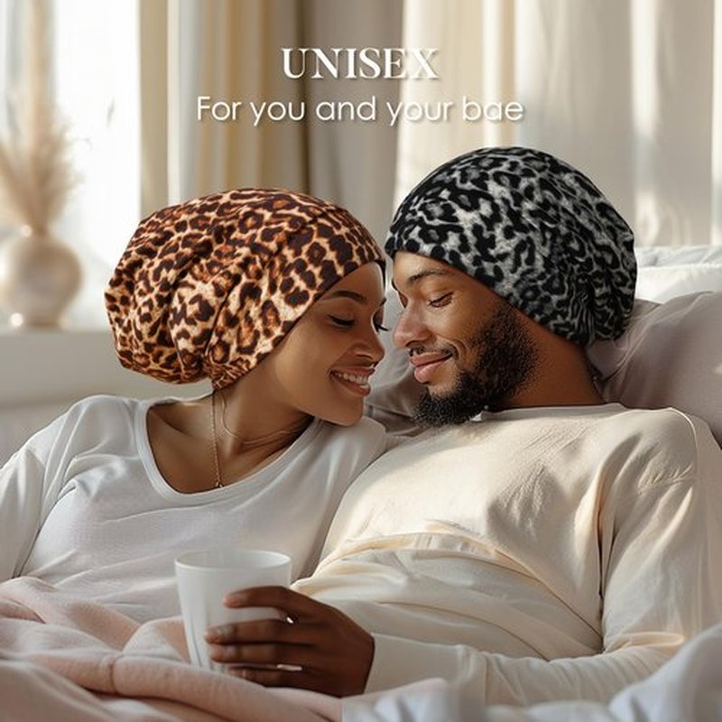 LULUSILK 100% Mulberry Silk Lined Sleep Cap Silk Bonnet for Sleeping, No More Frizzy Tangled Hair, Stay On All Night Adjustable Silk Hair Wrap for Sleeping, Black Leopard, Pack of 1