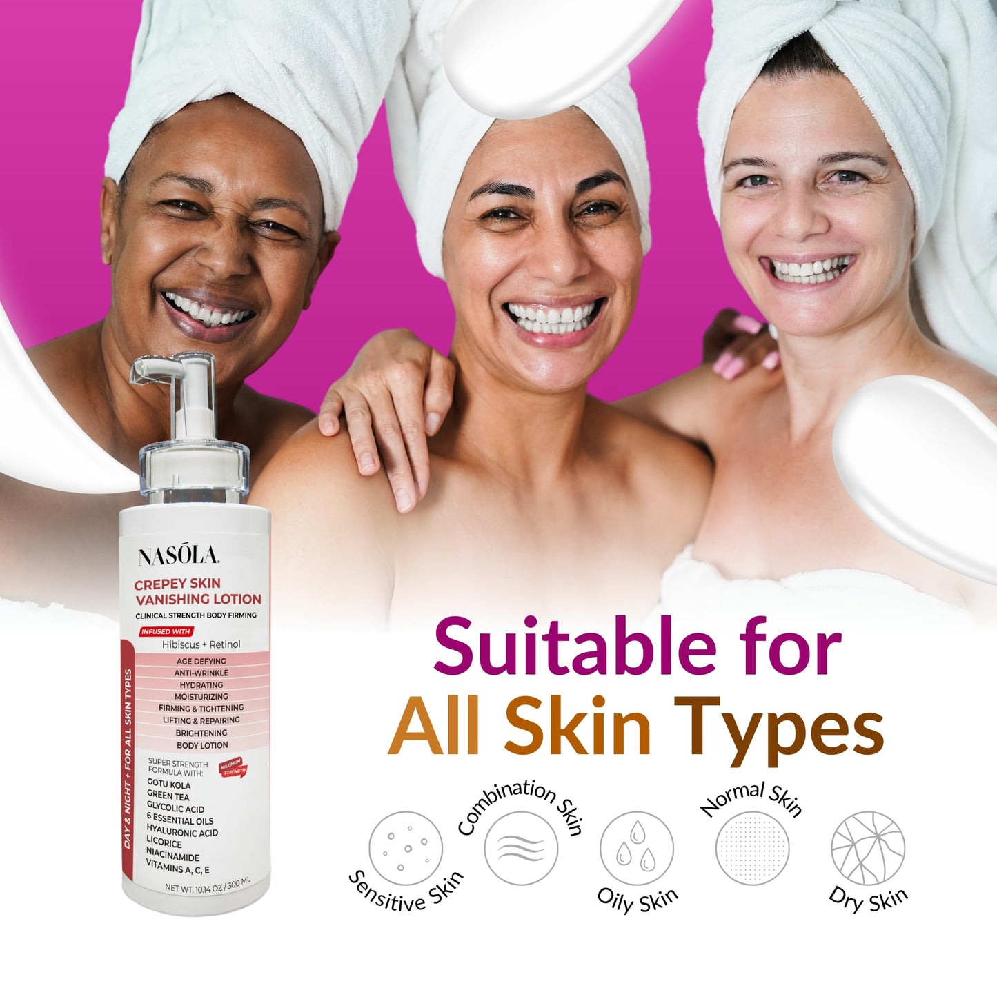 Nasola Crepe Erase Advanced Body Repair Treatment Lotion with Retinol and Hibiscus, Hyaluronic Acid, Vitamin C, E, A, Niacinamide Skin Tightening & Lifting Cream Moisturizer for Dry Aging Skin 10.14Oz