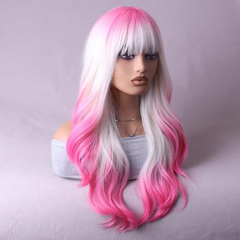 RightOn Hot Pink Wig Long Wavy Wig Ombre Hot Pink Wig with Bangs Pink Wigs with Wig Cap