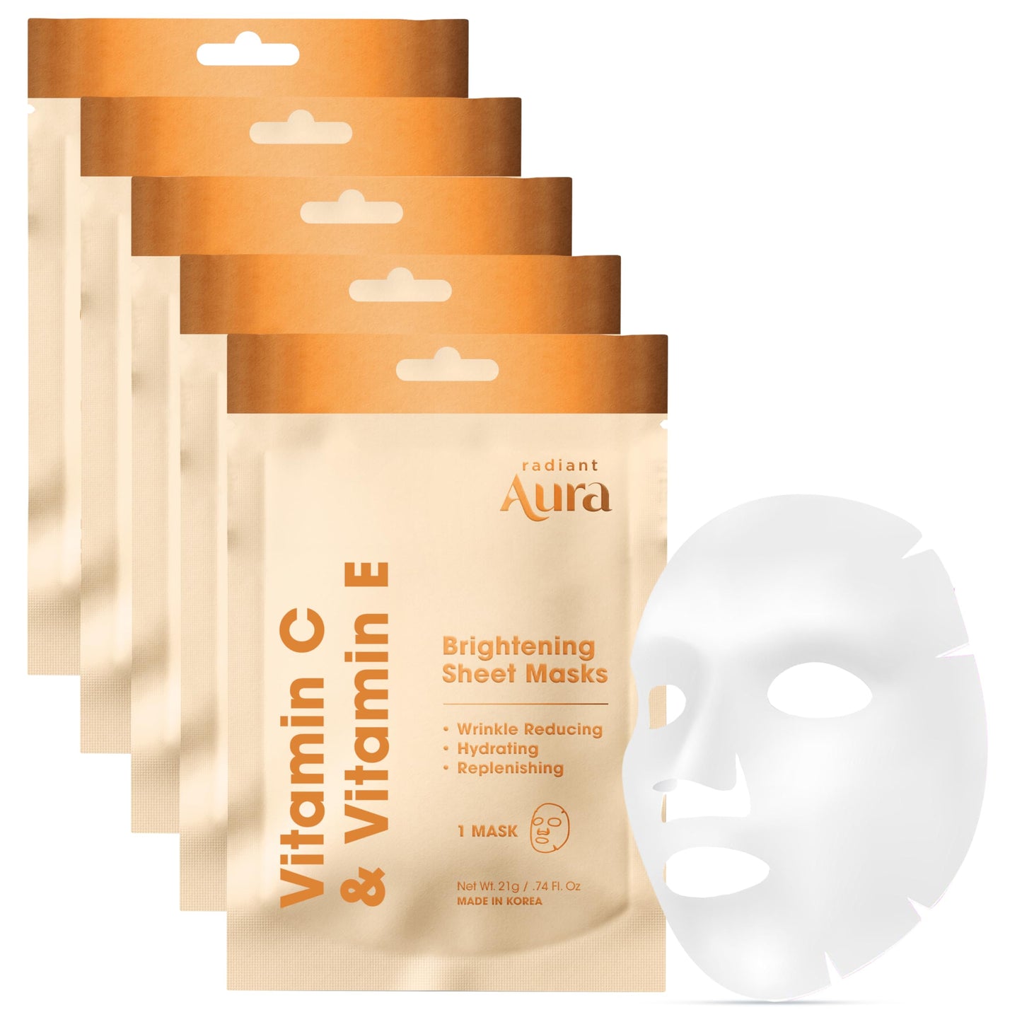Radiant Aura Vitamin E & Vitamin C Sheet Mask – Dermatologist Tested, Anti Aging, Korean Skin Care – Deep Hydration, Softens Fine Lines, Fades The Look Of Dark Spots – Vegan, Clean Beauty – 5 Count