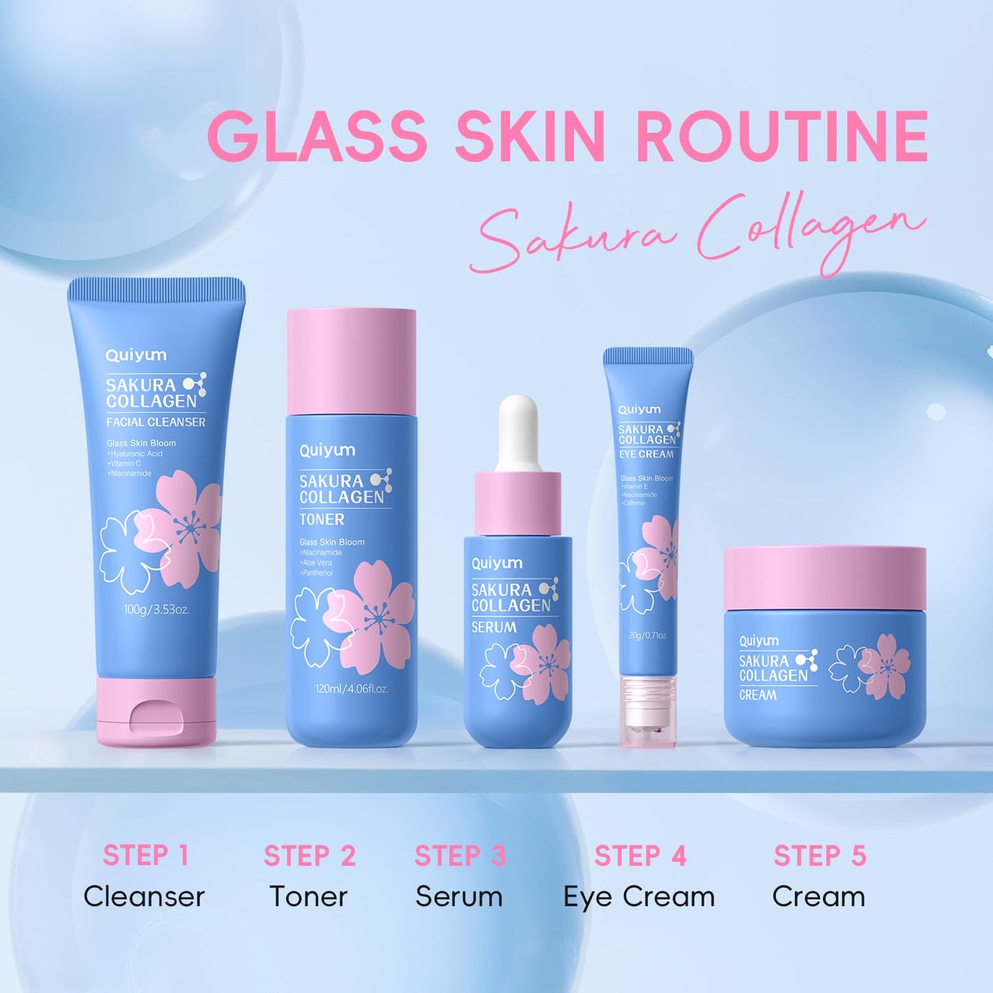 QUIYUM Sakura Collagen Skincare Set - 8-Piece Glass Skin Routine with Cleanser, Toner, Serum, Eye Cream, Moisturizer | Hydration, Firm, Glow for All Skin Types, Skin Care Gift Sets, for Mother's Day