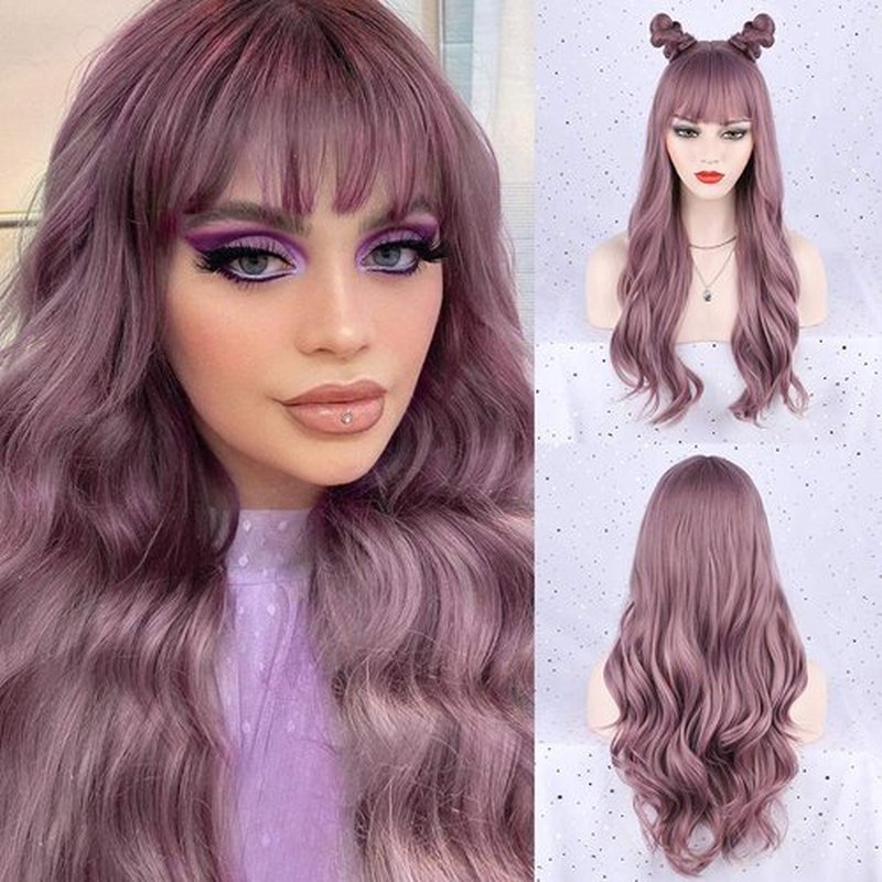 FORCUTEU Purple Wig with Bangs Long Purple Wavy Wigs for Women Purple Wavy Wigs Purple Heat Resistant Wigs for Daily Party Halloween (Purple 26inch)