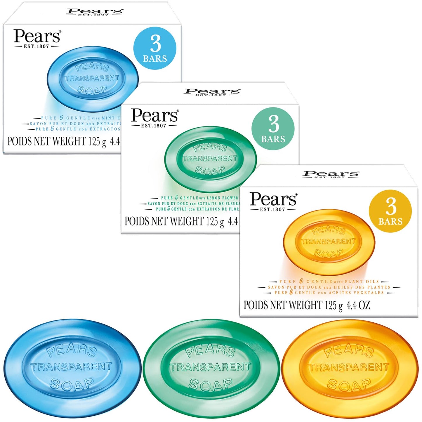 Pears Soap, Pure & Gentle Glycerin Soap Variety 9-Pack – Blue with Mint Extracts, Green with Lemon Flower Extract, and Amber with Natural Oils, 4.4 Oz Ea