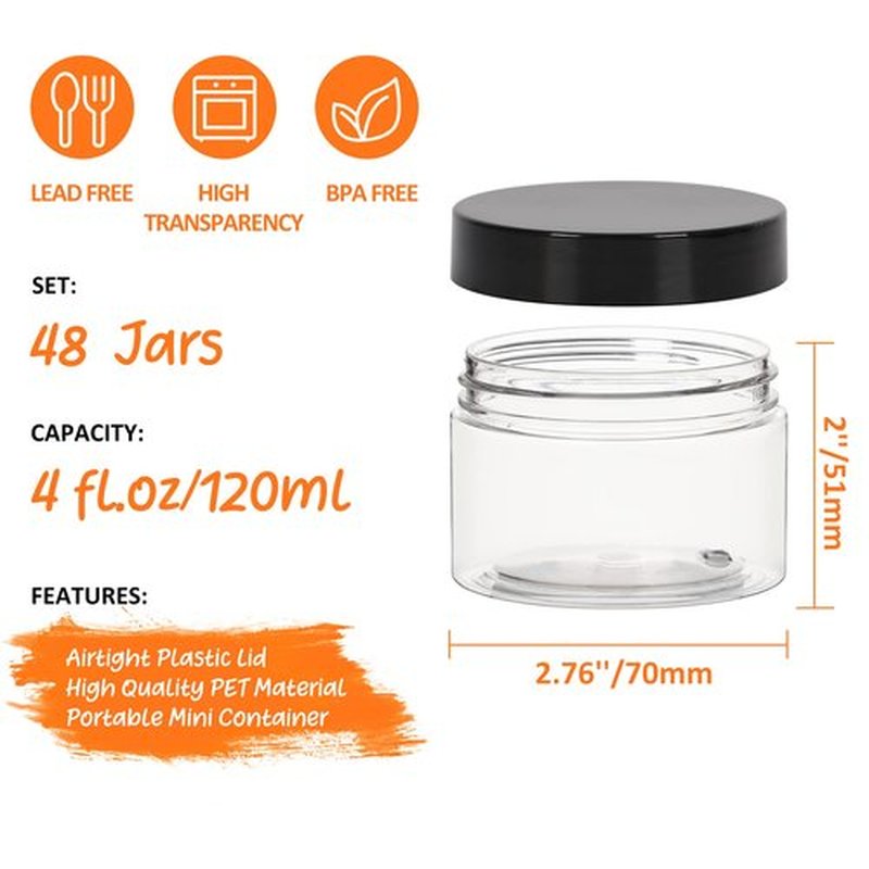 4oz Plastic Containers with Lids 48Pack, Jaisie.W Clear 4 oz Plastic Jars with Lids&Labels- Refillable Cosmetic Small Containers with Black Screw Lid/Slime Containers (4 fl.oz, 48Pack)