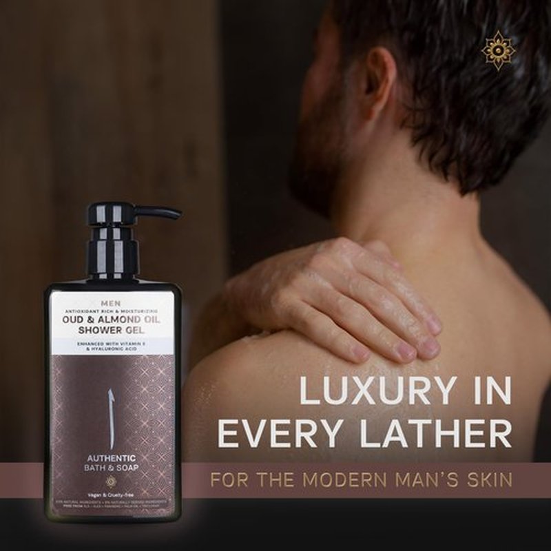 AUTHENTIC BATH & SOAP All Natural - Oud & Organic Sweet Almond Oil Mens Body Wash - with Vitamin E & Hyaluronic Acid, Moisturizing, Gentle Cleansing Shower Oil for Men, Cruelty Free & Vegan 16.9 Fl Oz