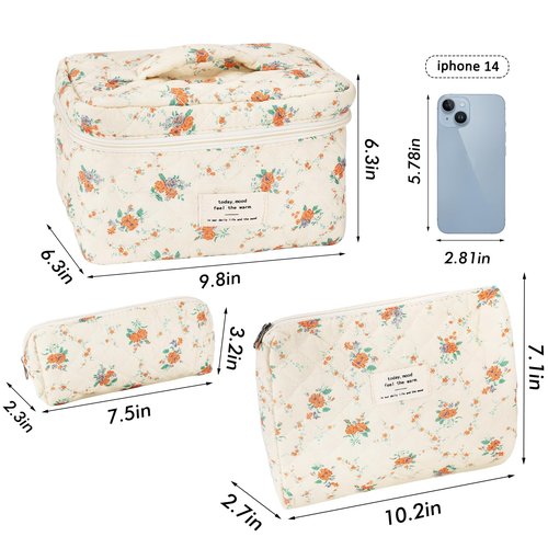 URSKYTOUS 3Pcs Cotton Quilted Makeup Bag for Women Girls Large Small Travel Floral Cosmetic Bags Set Cute Coquette Zipper Makeup Pouch for Purse Aesthetic Cloth Flower Storage Toiletry Bag Organizer