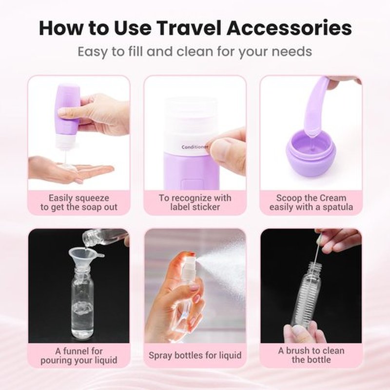 Ruinovate 17 Pack Travel Bottles for Toiletries, TSA Approved Travel Size Toiletries Bottles, Leak Proof Travel Size Containers, Travel Essentials for Body Wash, Shampoo, Lotion & Conditioner Pink