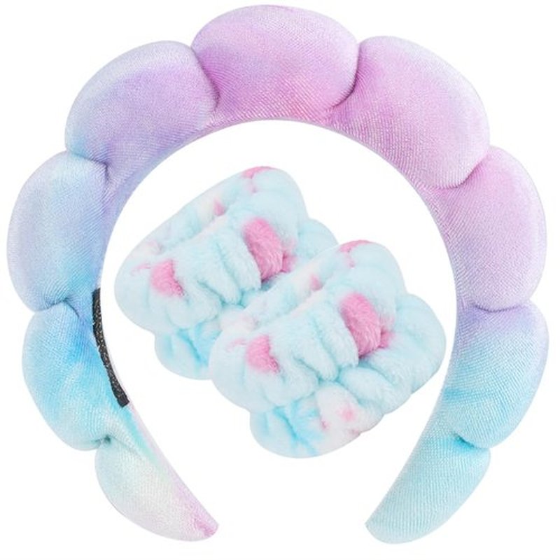 Zkptops Spa Headband for Washing Face Wristband Set Sponge Makeup Skincare Velvet Fabric Bubble Soft Get Ready Hairband for Women Puffy Padded Headwear Non Slip Thick Hair Accessory(Bluish Violet)