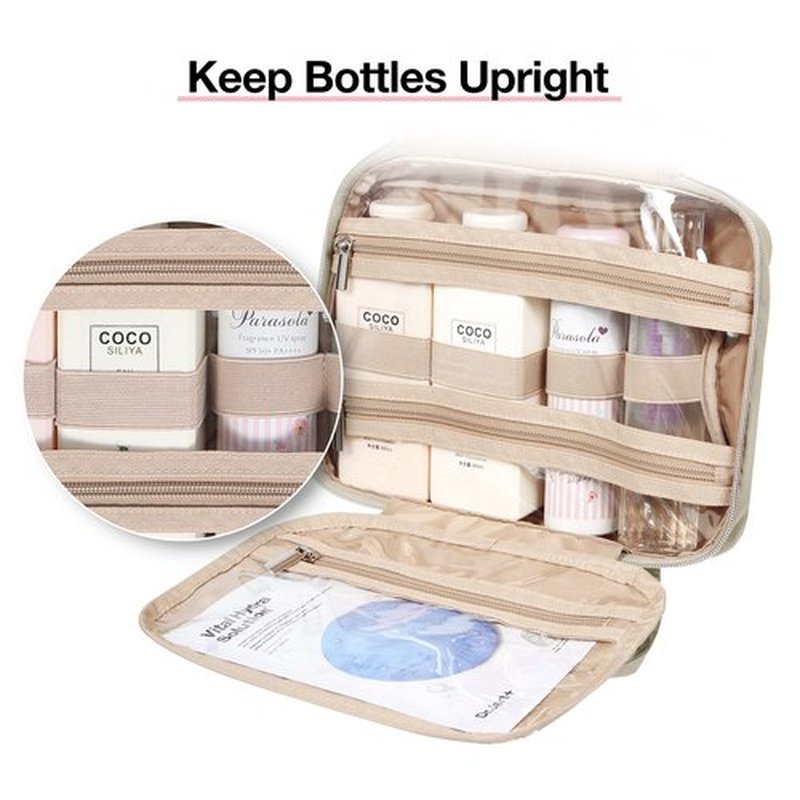 BAGSMART Toiletry Bag Hanging Travel Makeup Organizer with TSA Approved Transparent Cosmetic Bag Makeup Bag for Full Sized Toiletries, Large-Camel