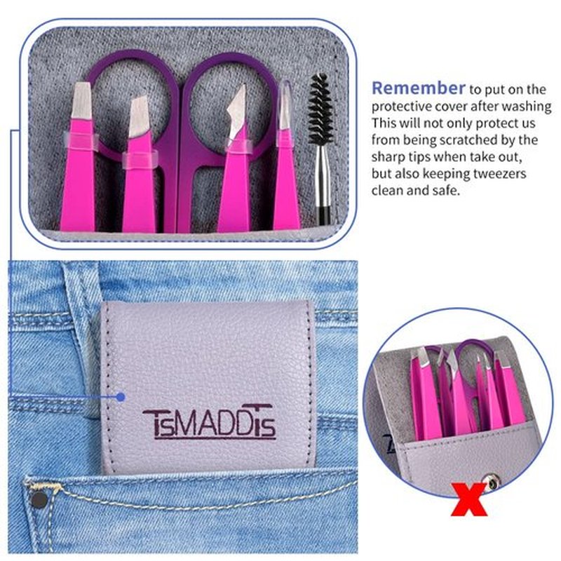 Eyebrow Tweezer Set, TsMADDTs 6 Pcs Tweezers Set for Women, Precision Tweezer for Eyebrows with Curved Scissors for Ingrown Hair, Hair Plucking Daily Beauty Tools (Pink&Purple)