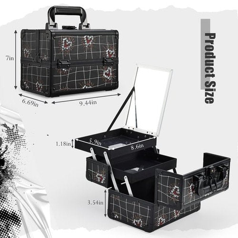 Joligrace Makeup Train Case Portable Makeup Case Organizer 2 Trays Cosmetic Box Storage with Mirror for Cosmetologist Supplies Nail Tech Traveling Makeup Travel Box Punk Love Hearts
