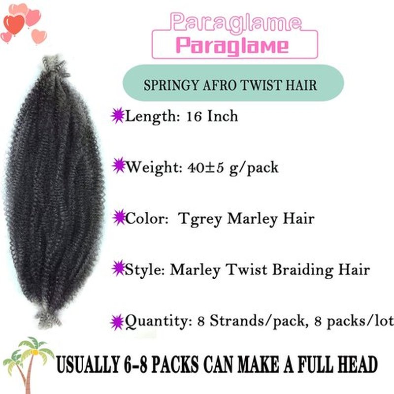 Marley Hair 16 Inch Springy Afro Twist Hair 8 Packs Marley Twist Braiding Hair, Wrapping Hair for Soft Locs Synthetic Crochet Braids Hair Extension for Black Women(16Inch, Tgrey)