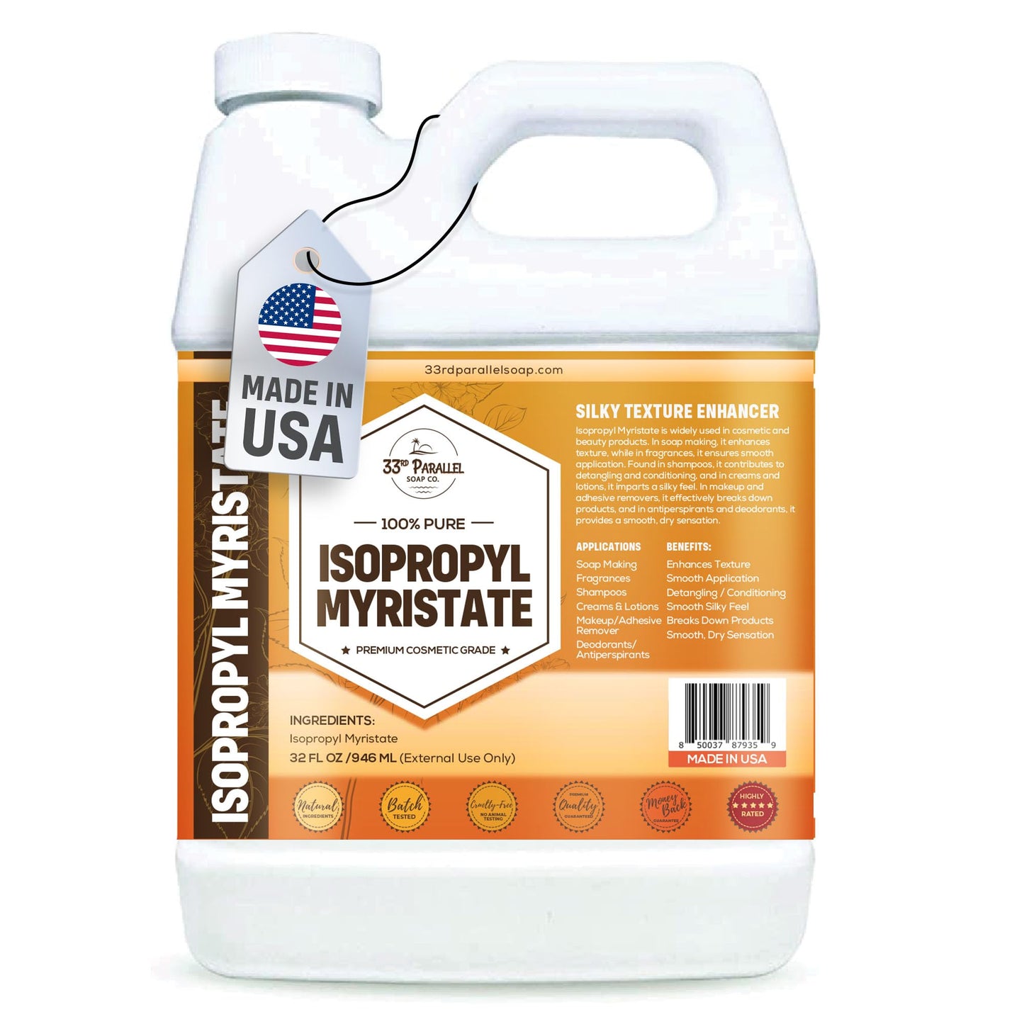 ISOPROPYL MYRISTATE (32 oz) Natural Plant Derived Cosmetic Grade IPM for Soap Making, Fragrances, Shampoo, Creams & Lotion, Makeup & Adhesive Remover, Antiperspirants & Deodorants | 32 Ounces