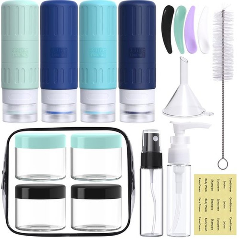 GLAMFIELDS Travel Bottles for Toiletries,TSA Approved 3.3oz Size LeakProof Silicone Toiletry Containers for Shampoo, Conditioner,Easy to Squeeze，Portable Travel Essentials for Lotion(18 Pack) Blue