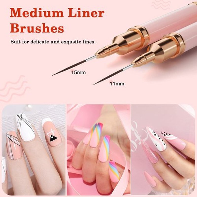 Nail Art Brushes, Double Ended 5PCS Pink Striping Brush Nail Art Liner Brushes Nail Design Brushes for Long Lines, Tiny Details, Nail Brushes for Nail Art, Sizes 5/7/9/10/11/15/20/22/25/30