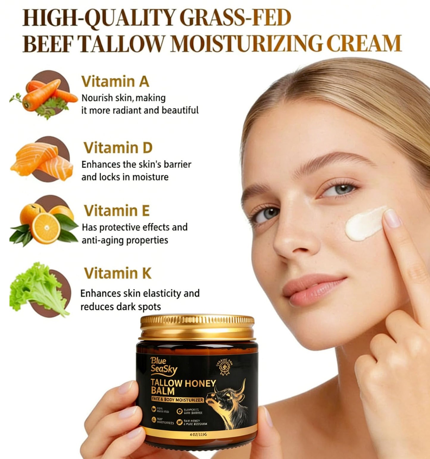 BlueSeaSky Whipped Beef Tallow for Skin with Raw Honey Balm 4/OZ Unscented