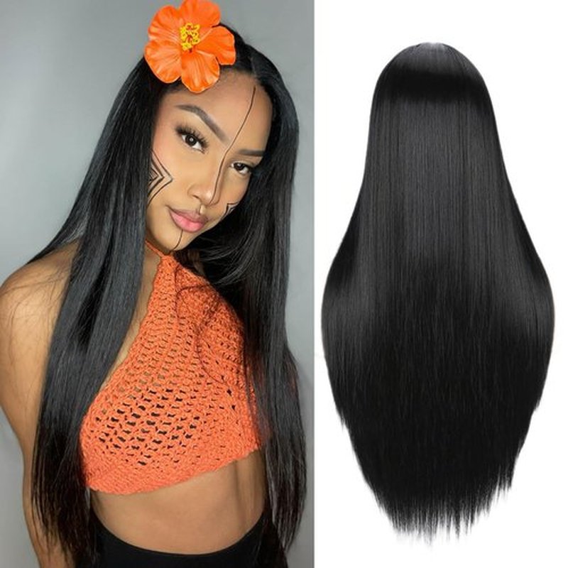 Fancy Hair Black Long Straight Wig Middle Part Synthetic Straight Hair Wig Natural Style Full Wig for Women Daily Party Use 26 Inches
