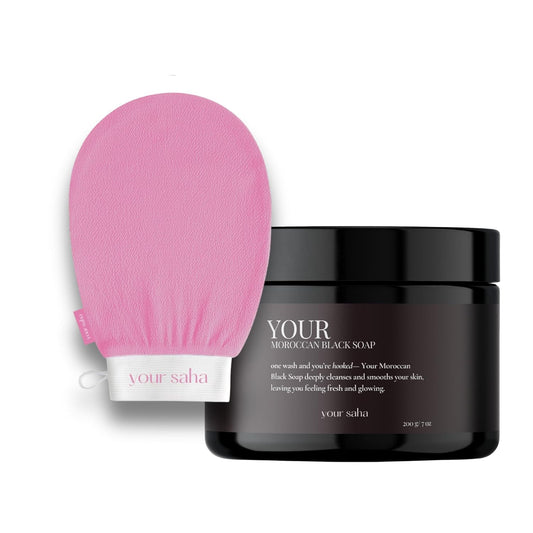 Moroccan Exfoliation Duo - Black Soap & Kessa Exfoliating Glove | Mocha Chocolate for Smooth, Radiant Skin