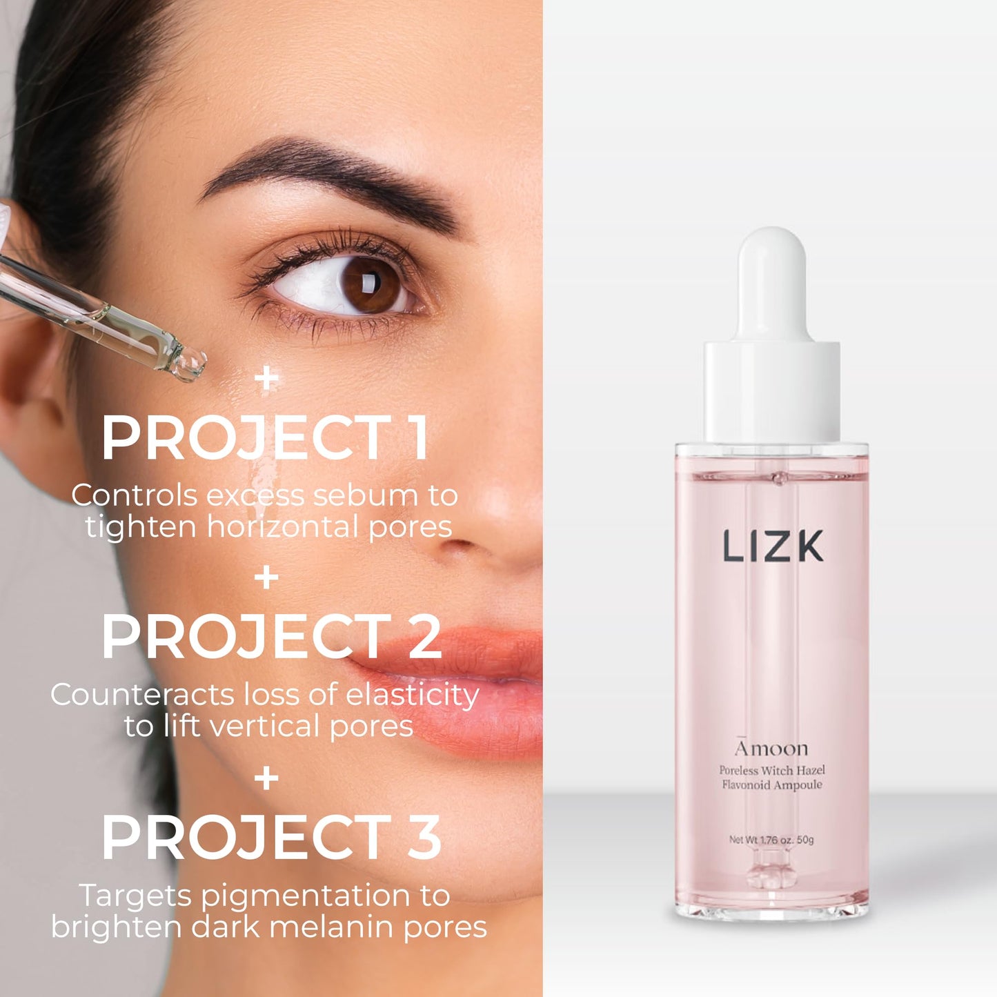 LIZK Amoon Poreless Witch Hazel Flavonoid Ampoule - Skin Hydrating, Revitalizing Effect with Niacinamide, Adenosine, and Panthenol, Smooth, Healthy-Looking Skin, 1.76oz.