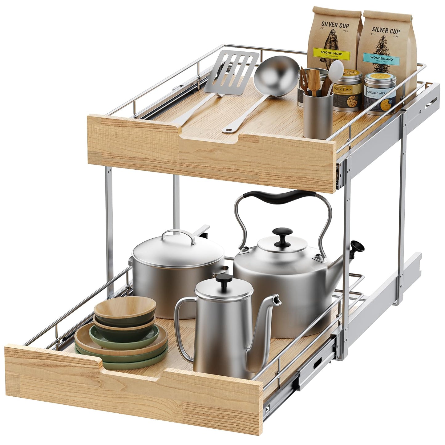Sikarou Pull Out Cabinet Organizer,Heavy-Duty Slide Out Shelf, Wood and Wire Basket, Pull Out Drawer for for Kitchen Under Sink Space, Pantry, Bathroom, 2 Tie 14 * 21 in