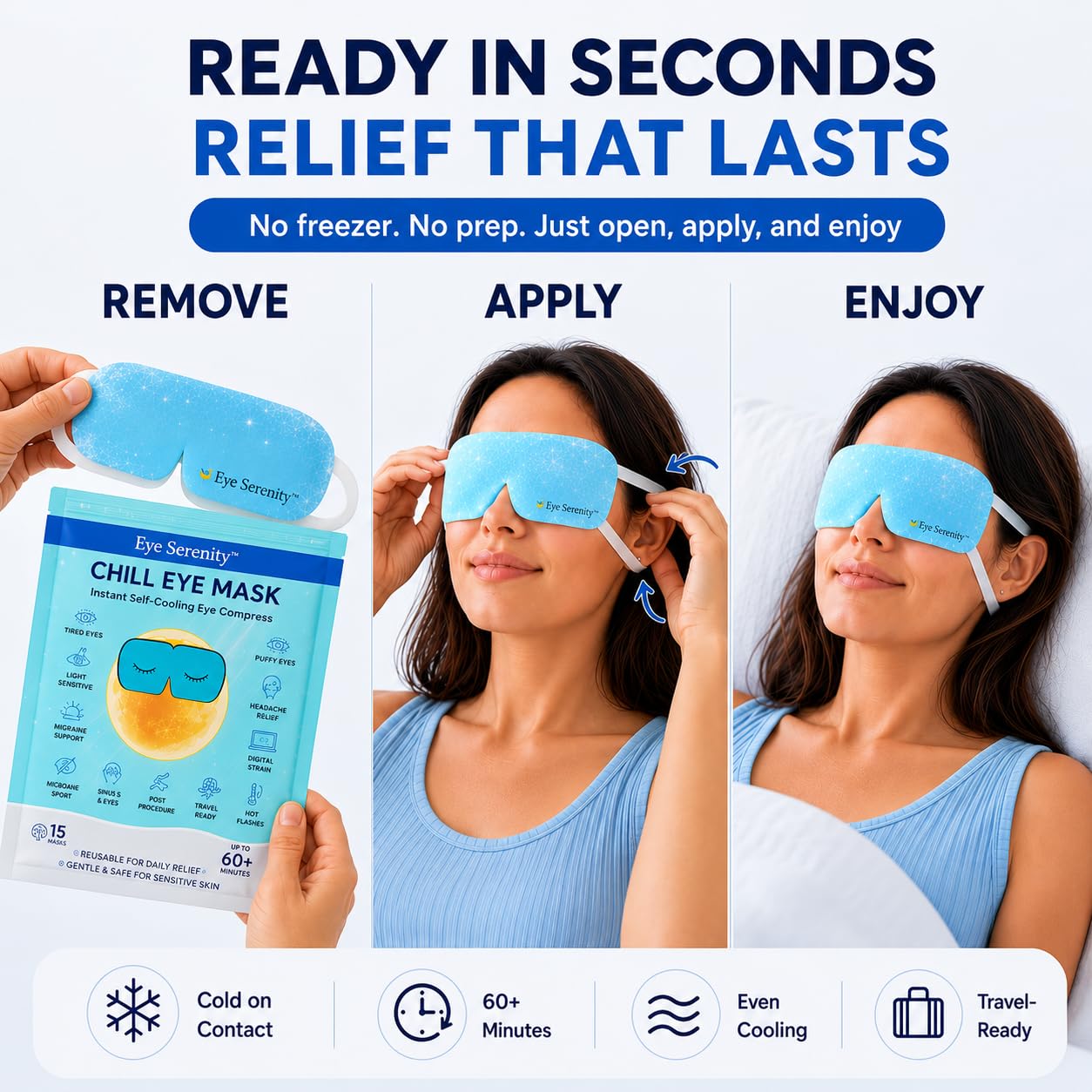 Lure Essentials Eye Serenity CHILL Self Cooling Eye Mask for Sleeping, Cooling Eye Patches for Dark Circles and Puffy Eyes, Cold Compress, Spa Relaxation and Self-care Gifts for Women & Men