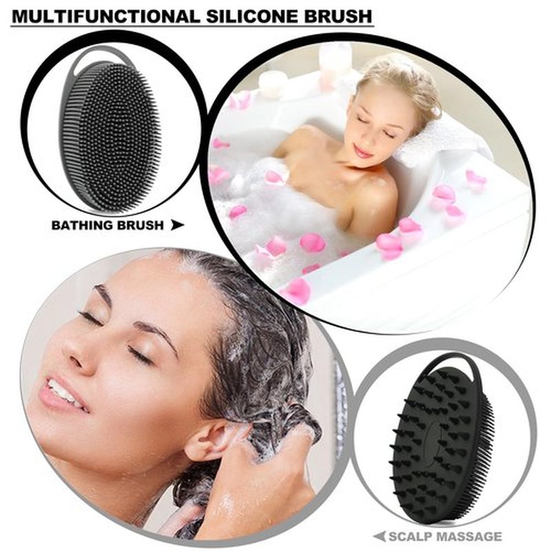 2 Pack Silicone Body Scrubber, Silicone Loofah Double-Sided Body Brush,Silicone Shower Scrubber and Scalp Massager Shampoo Brush for Sensitive Kids Women Men All Kinds of Skin (Black & Gray)