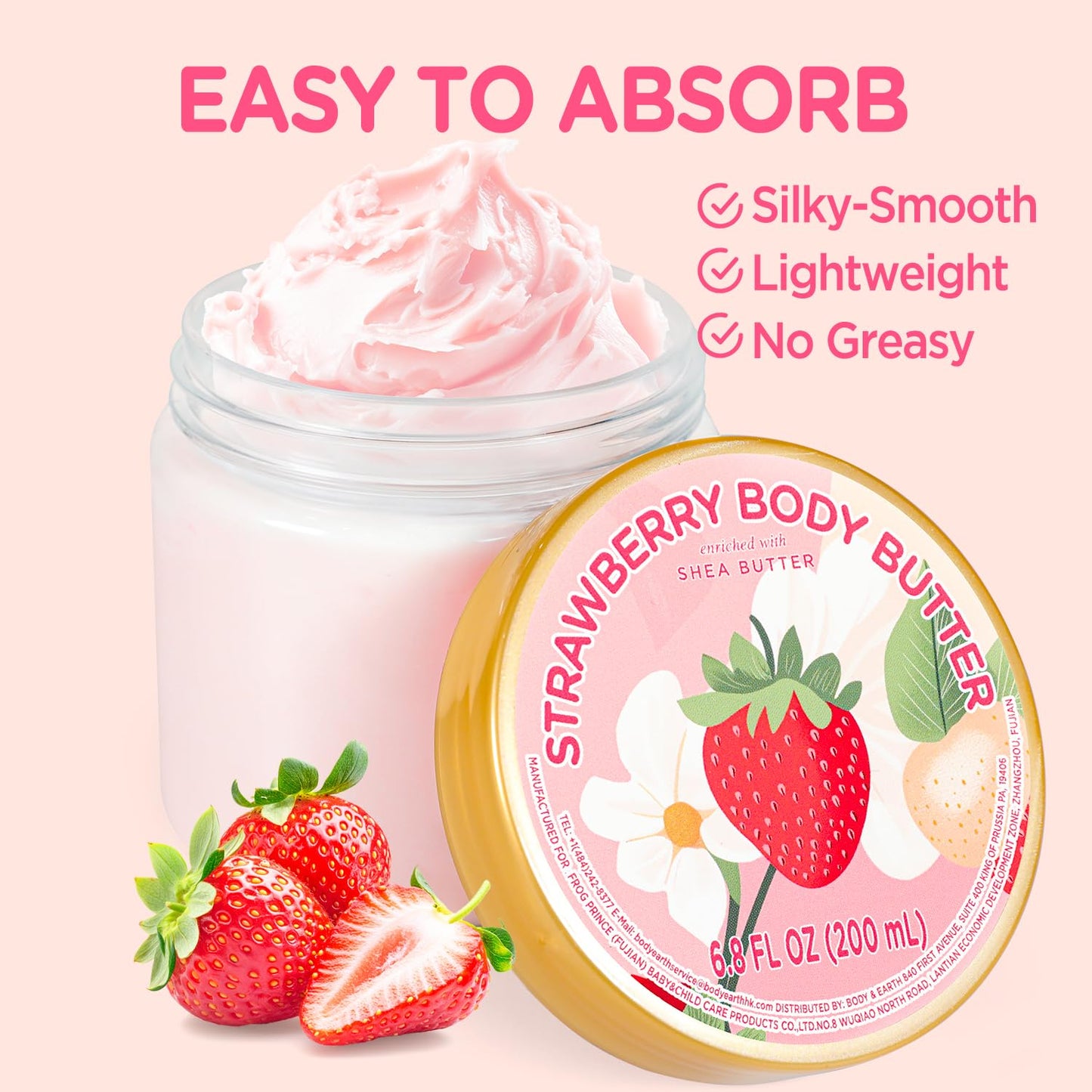 puresoak bath Strawberry Body Butter, Natural Body Butter for Men Women Smell Good, Strawberry Scented Shea Butter Body Cream, Body Moisturizer for Dry Skin 6.8 floz