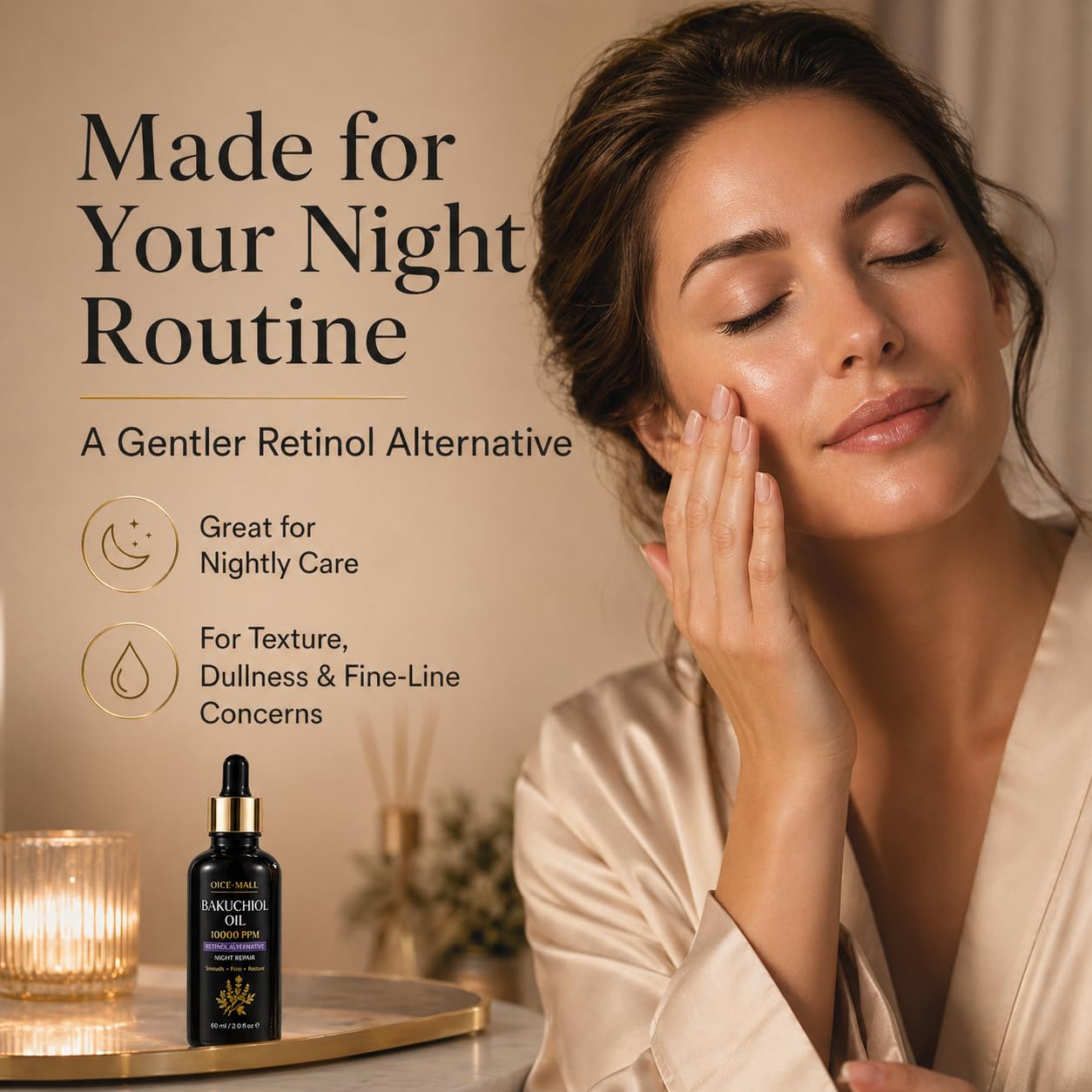 Bakuchiol Oil 10000 PPM, Plant-Based Retinol Alternative Facial Oil, Night Repair Face Oil for Fine Lines, Firmness & Radiance, Lightweight Anti Aging Oil with Squalane, Rosehip & Marula, 2 fl.oz