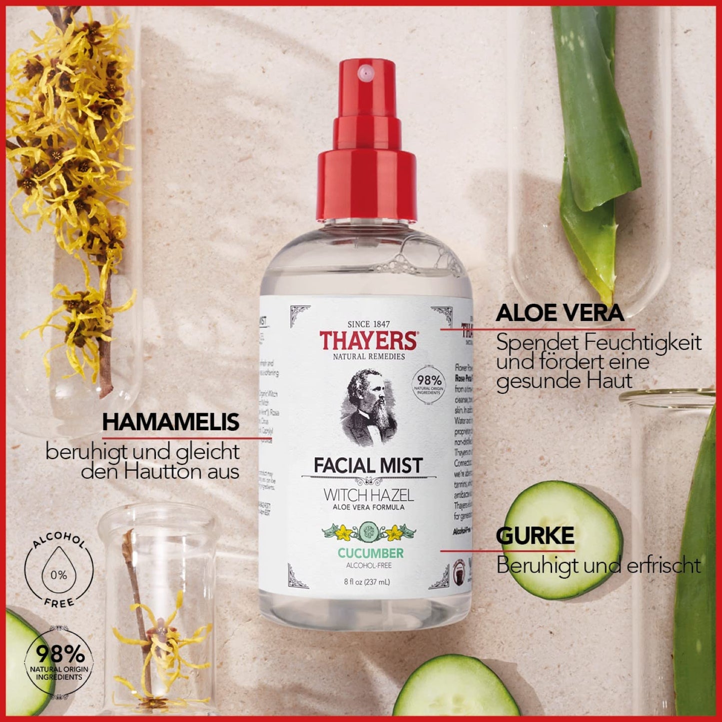 THAYERS Alcohol-Free Witch Hazel Facial Mist Toner with Aloe Vera, Cucumber, 8 Ounce (Pack of 2)