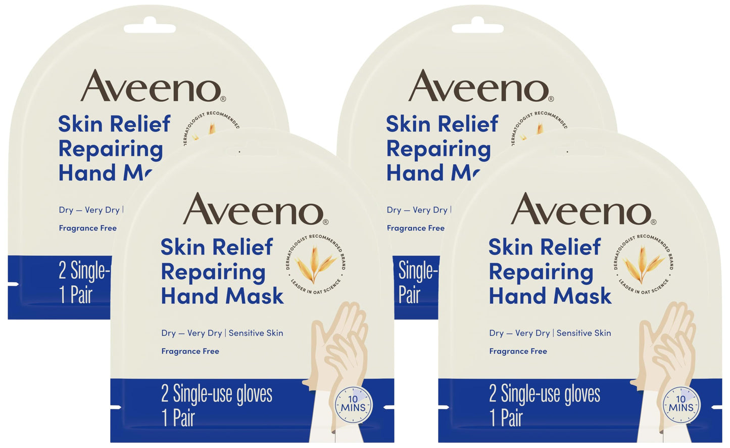 Aveeno SkinRelief Repairing Hand Mask, Moisturizing Gloves with Triple Oat & Shea Butter for Very DrySkin, Hand Care for SensitiveSkin, Fragrance-Free, 1 Pair of Single-Use Gloves (Pack of 4)