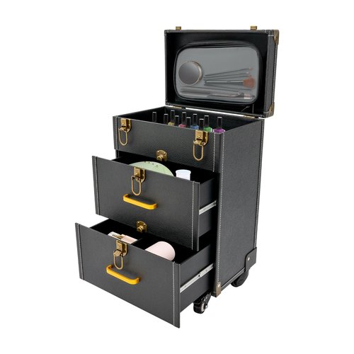 Rolling Makeup Case with Drawers&4 Wheel, Cosmetic Case Trolley, Make Up Suitcase Cosmetic Trolley, Portable Multifunction Makeup Suitcase, Jewelry Travel Cosmetic Train Case (Black+Bronze Color)