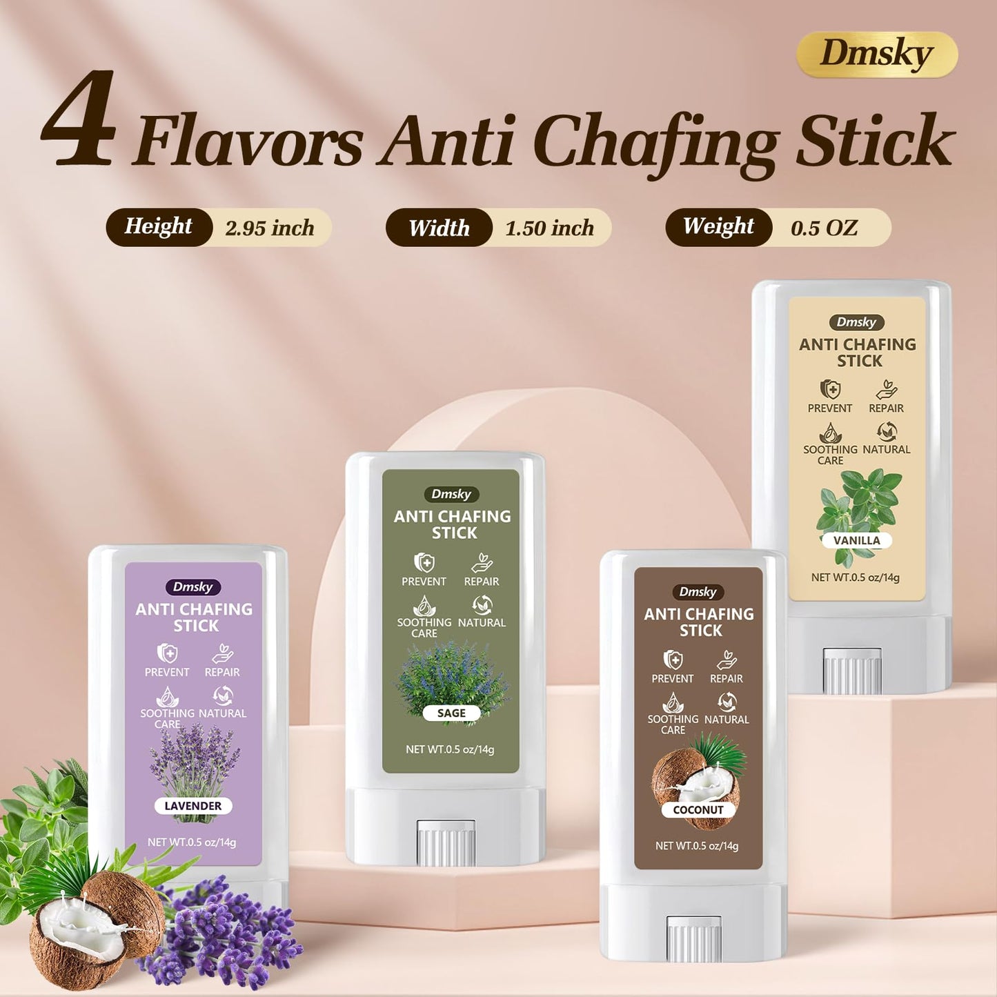 Dmsky 4 Flavors Anti Chafe Balm,Anti Chafing Stick for Men and Women,Chafing Stick with Added Emollients for Dry, Sensitive Skin,Use on Arm,Underarm,Chest,Bra Line,Thigh Chafing,Mini 0.5 OZ